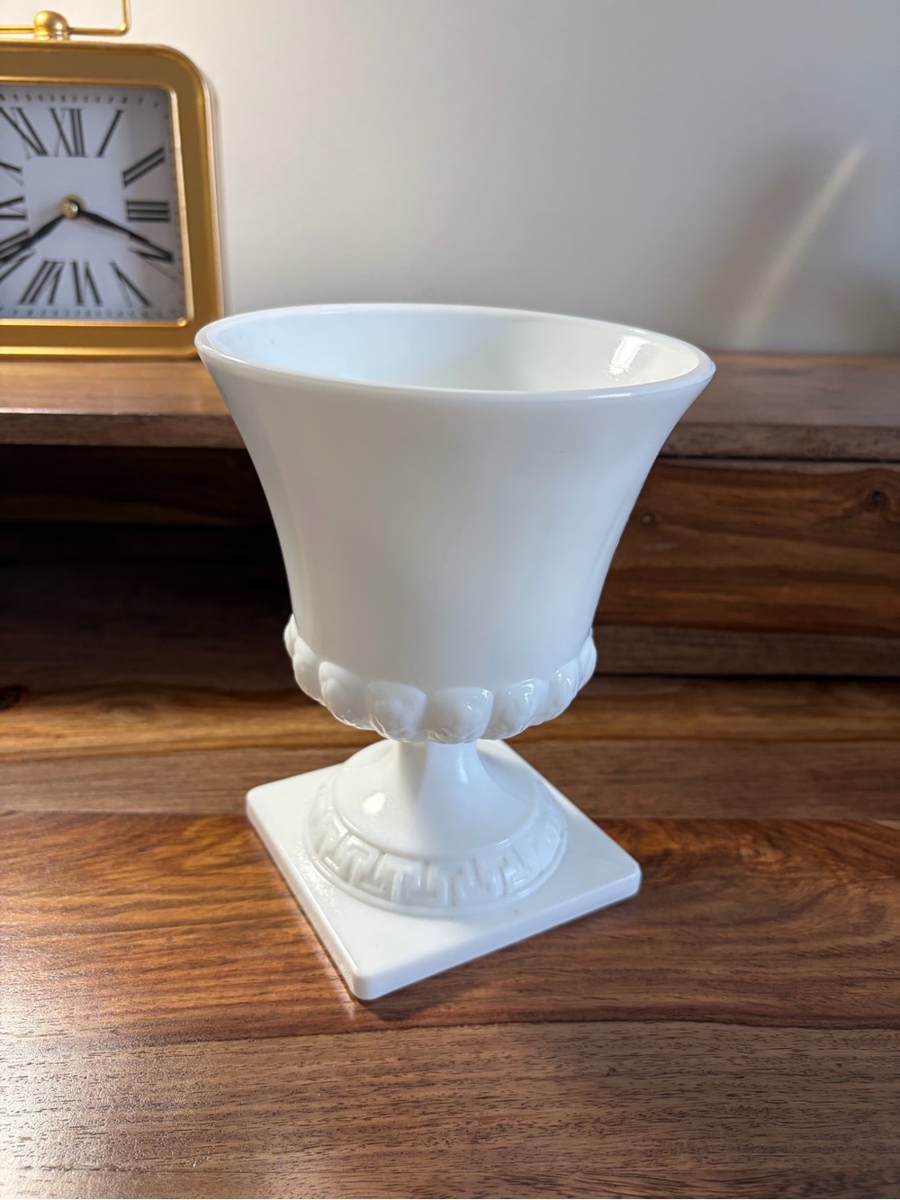 White Milk Glass Grecian Pedestal Vase